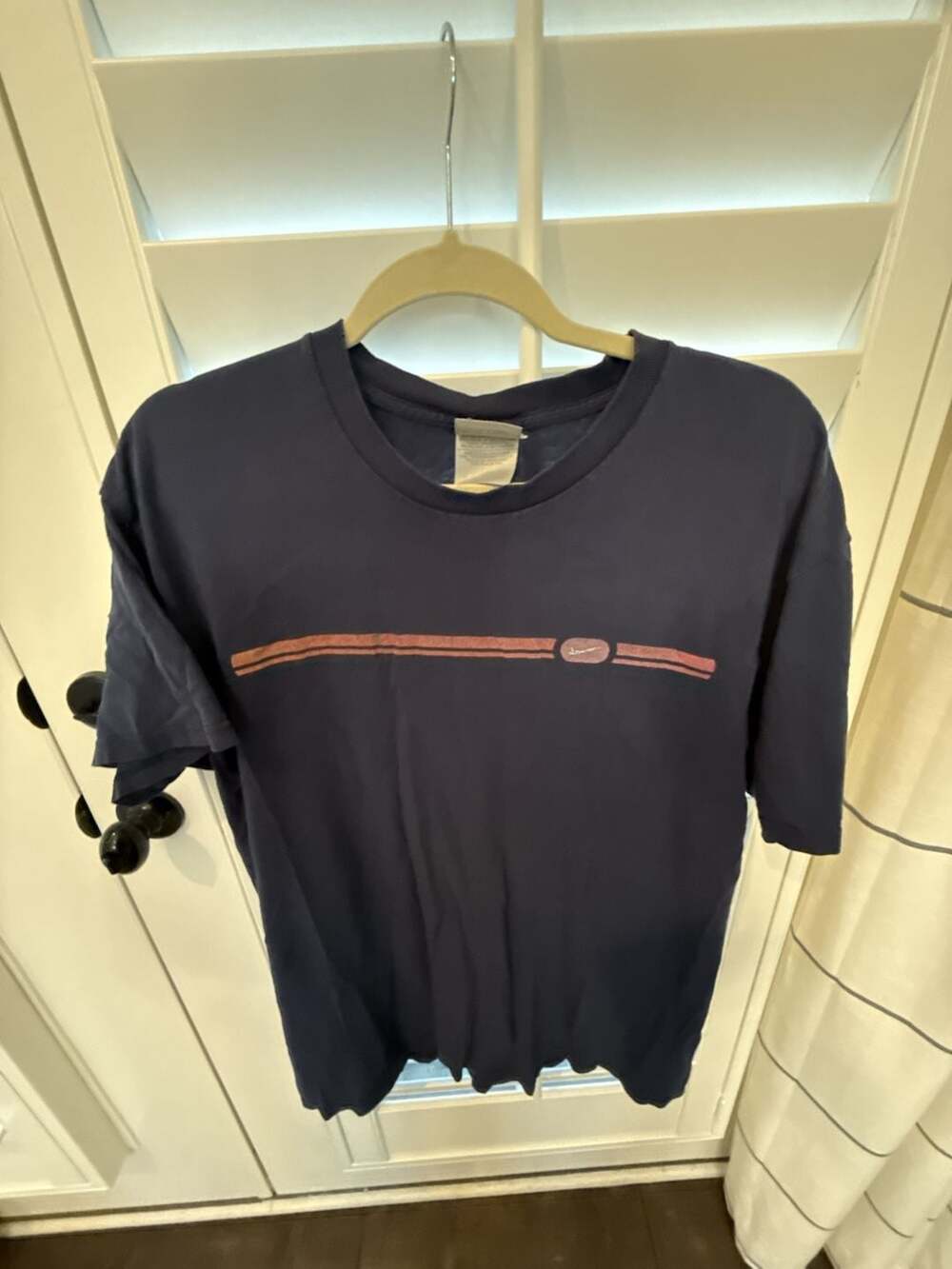 Vintage Y2K Nike Silver Tag Navy Blue Mini Swoosh Stripe T-Shirt
